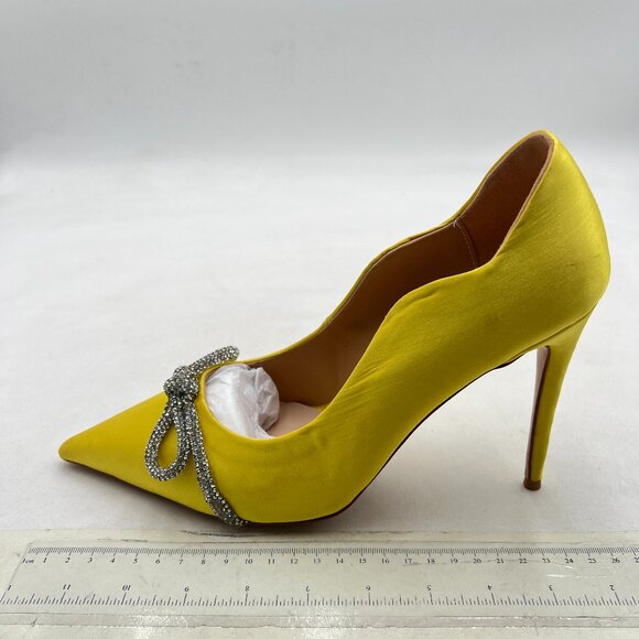 FSJ Yellow Pointed Toe High Heel Pumps Slip On Sparkling Rhinestone Bowknot Shoe - Picture 2 of 8